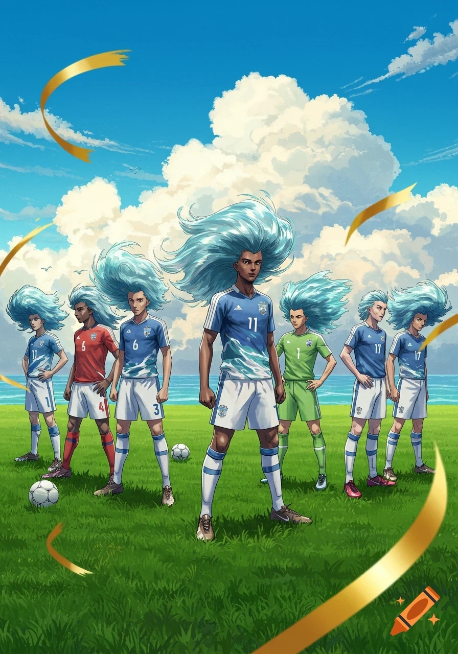 Anime-style male soccer players with large, wavy blue hair stand on a green field under a blue sky with clouds. Golden ribbons float in the air.