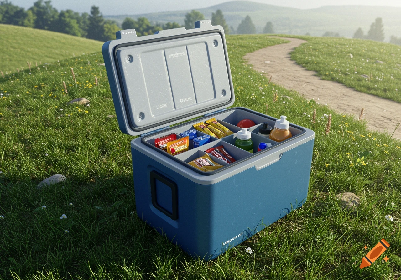 A blue and gray cooler sits open in a grassy field with a dirt path in the background. It is filled with various snacks, drinks, and organizing dividers.