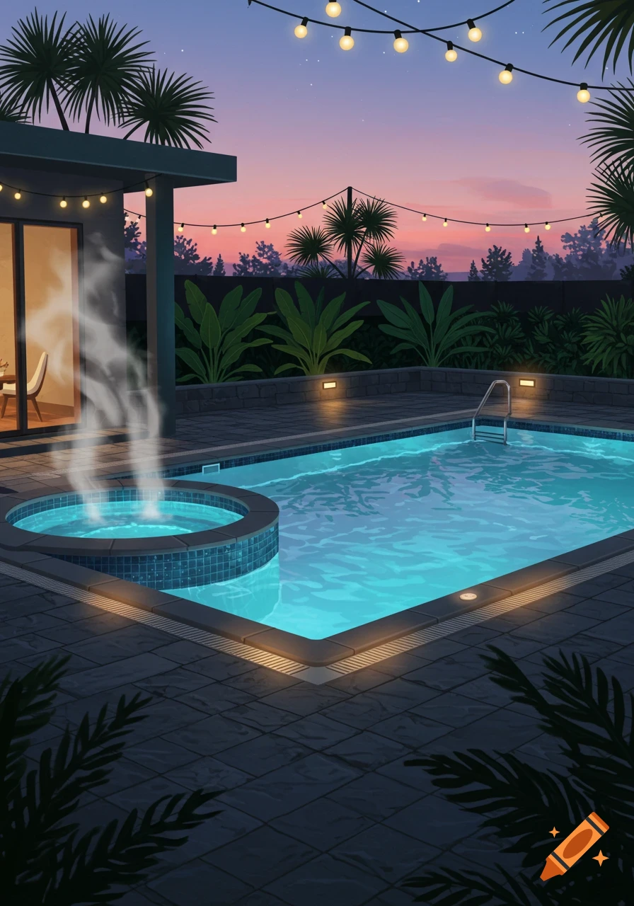 An illustrated modern outdoor patio with a swimming pool, hot tub steaming, and string lights overhead at twilight.