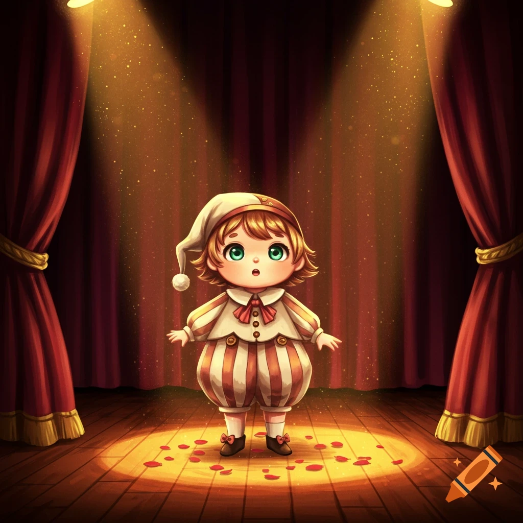A cute, wide-eyed character in a striped jester costume stands on a spotlighted wooden stage with red curtains and rose petals.