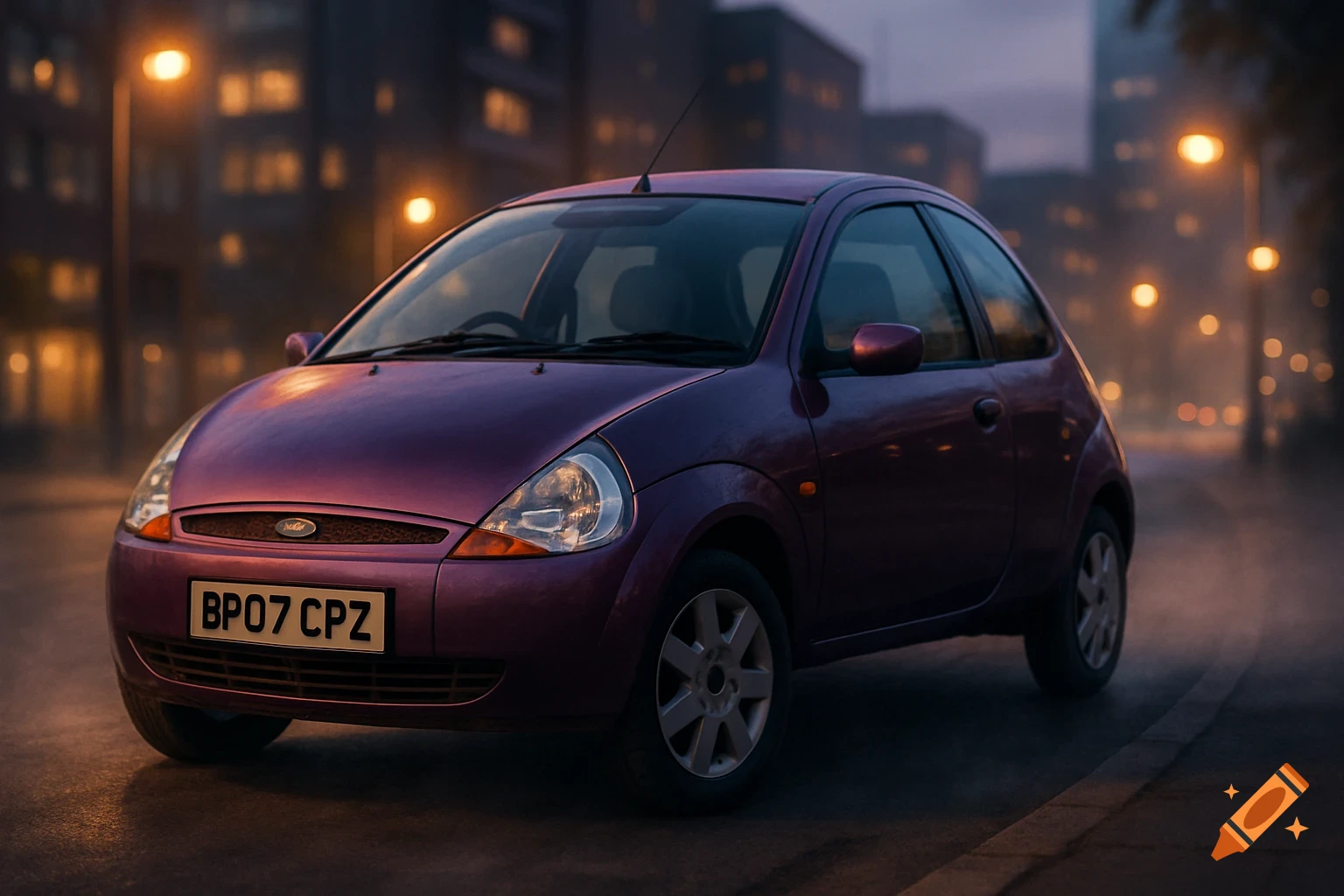 A purple 2007 Ford KA car parked on a wet city street at dusk, with buildings and streetlights in the blurred background.