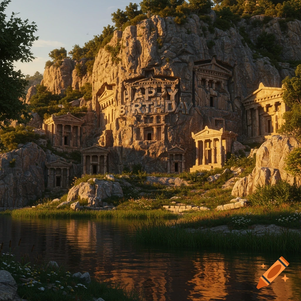 Photorealistic view of ancient rock tombs carved into a sunlit cliff, with 'HAPPY BIRTHDAY' etched into the stone, overlooking a calm river.