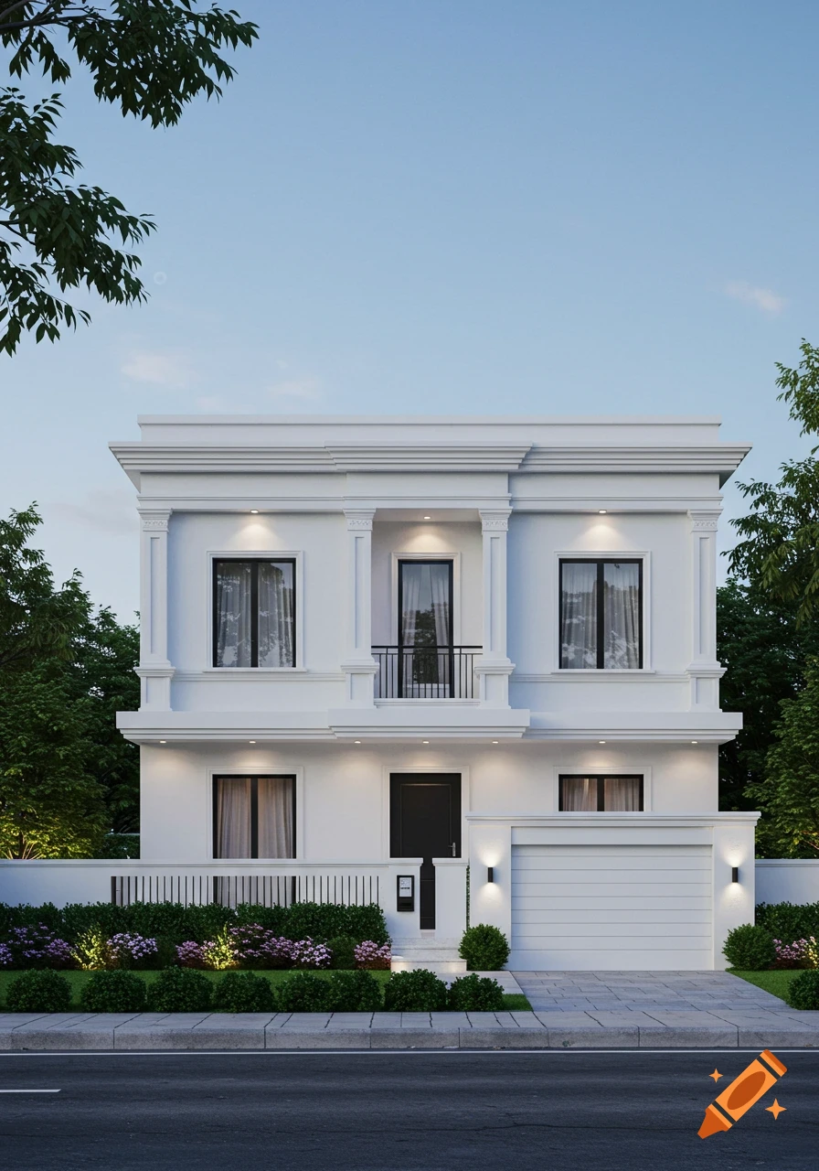 Photorealistic image of a white two-story neoclassical villa with a flat roof and black windows, surrounded by green shrubs.