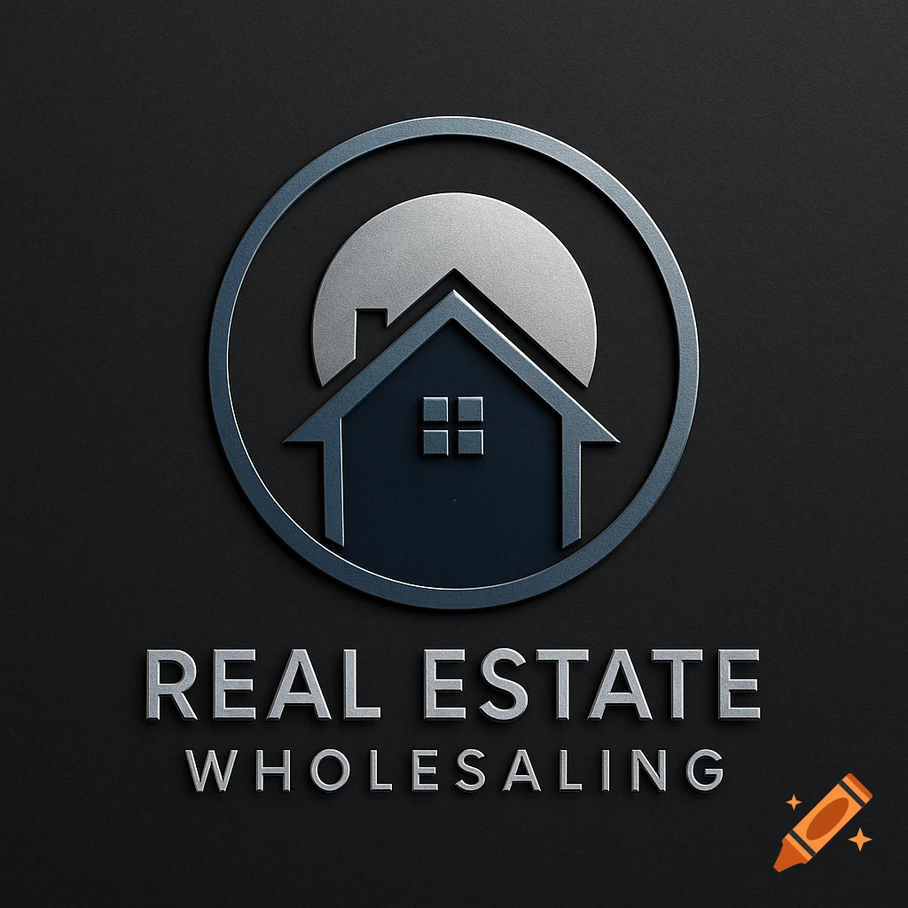 Silver and dark blue real estate logo featuring a house, moon, and text 'REAL ESTATE WHOLESALING'.