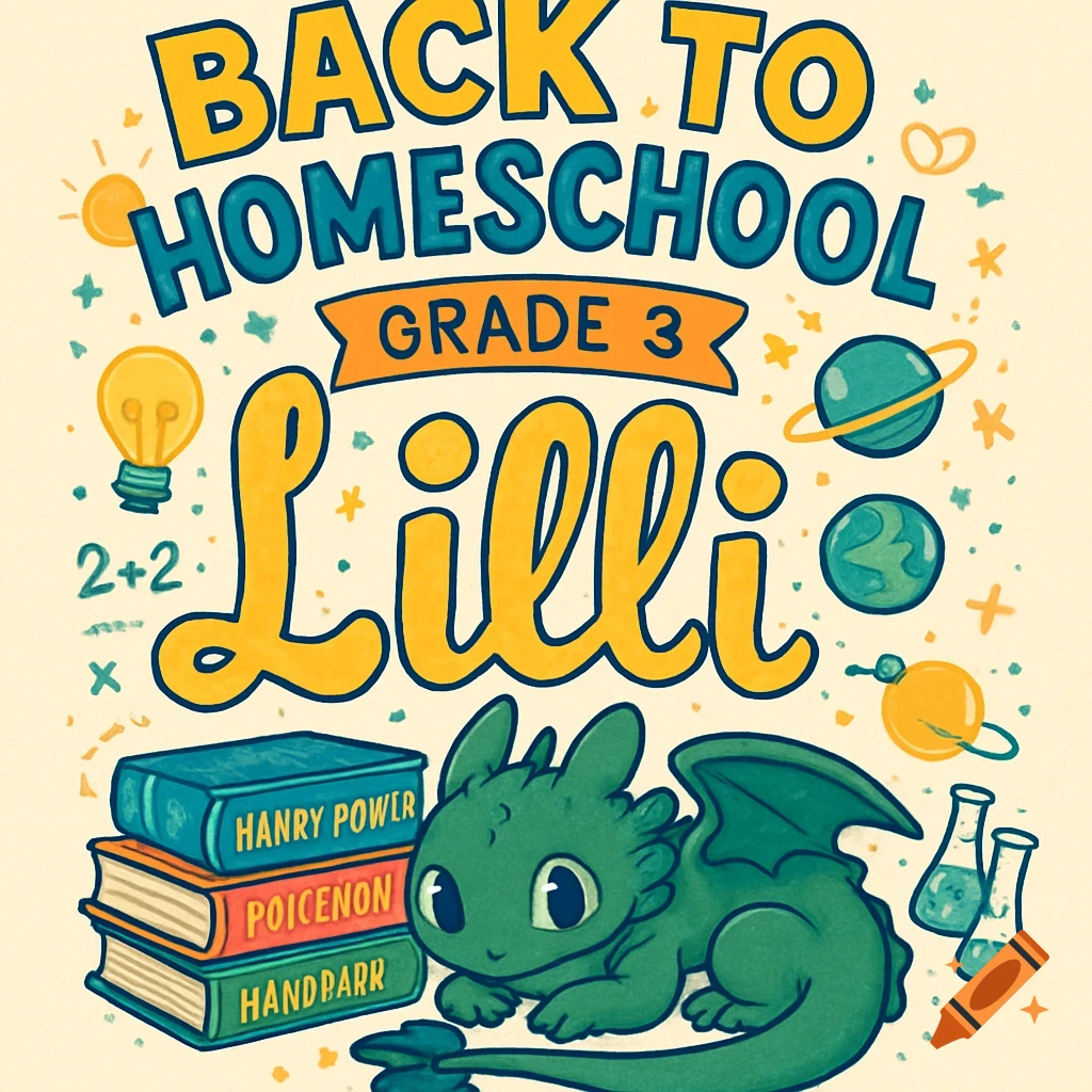 A cartoon t-shirt design for 'Back to Homeschool Grade 3' for 'Lilli', featuring a cute green dragon, school supplies, and planets.