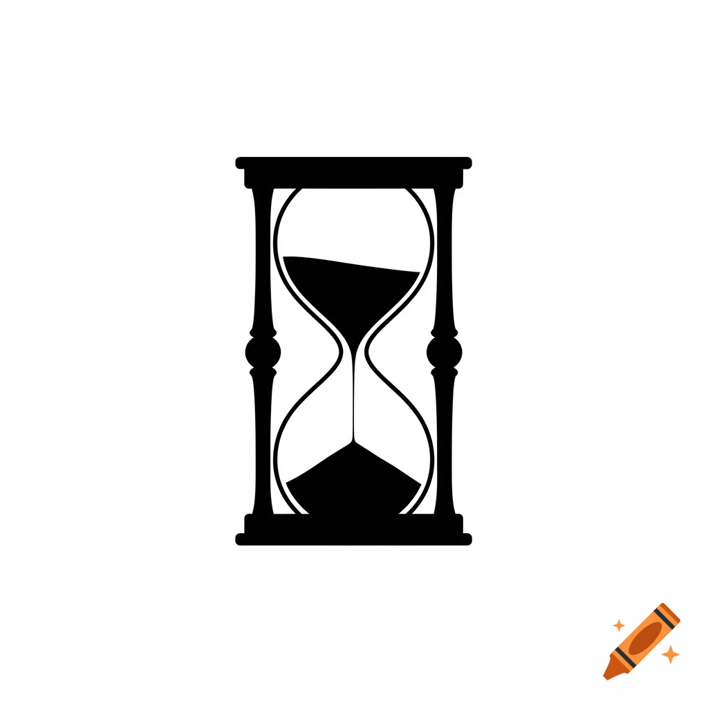 A black and white graphic icon of an hourglass.
