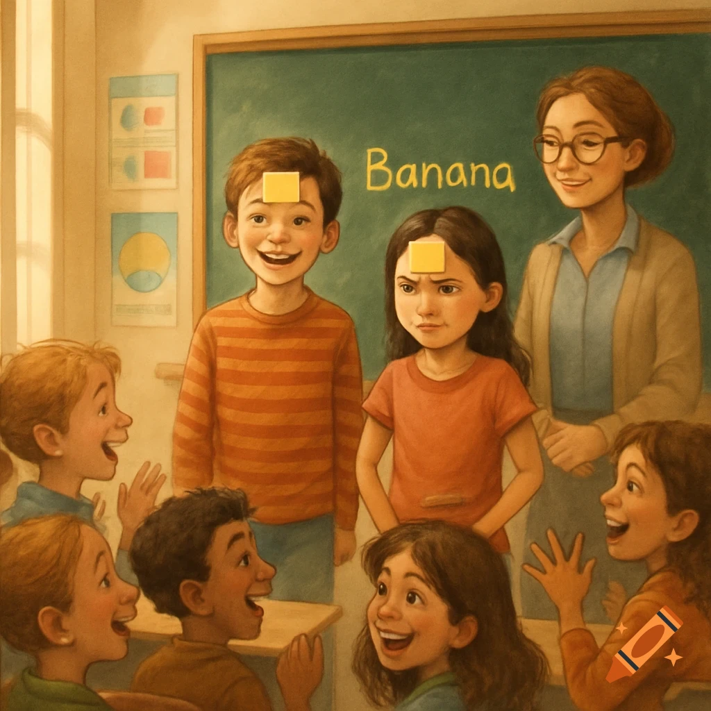 A teacher and students play a guessing game in a classroom. Two students have yellow notes on their foreheads, 'Banana' on the board.