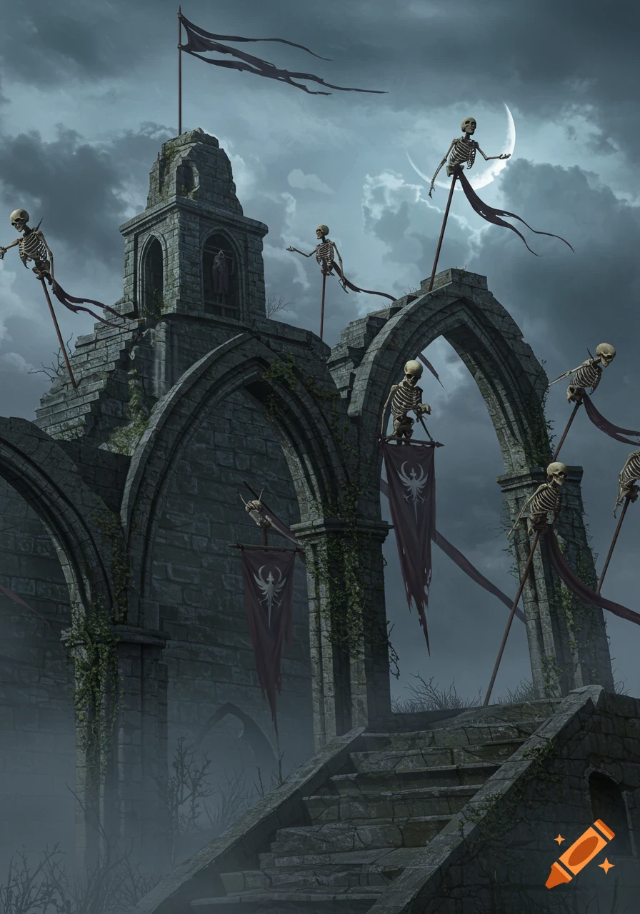 Crumbling gothic ruins adorned with skeletons on poles and dark banners under a crescent moon and stormy sky.