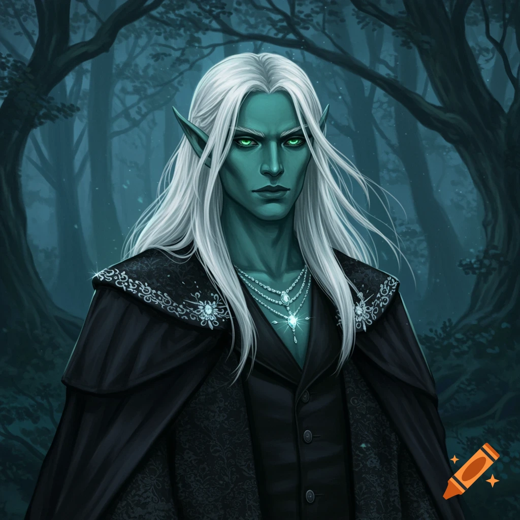 A fae king with teal skin, long white hair, and glowing green eyes, wearing a black brocade cloak and diamond jewelry, in a dark forest.