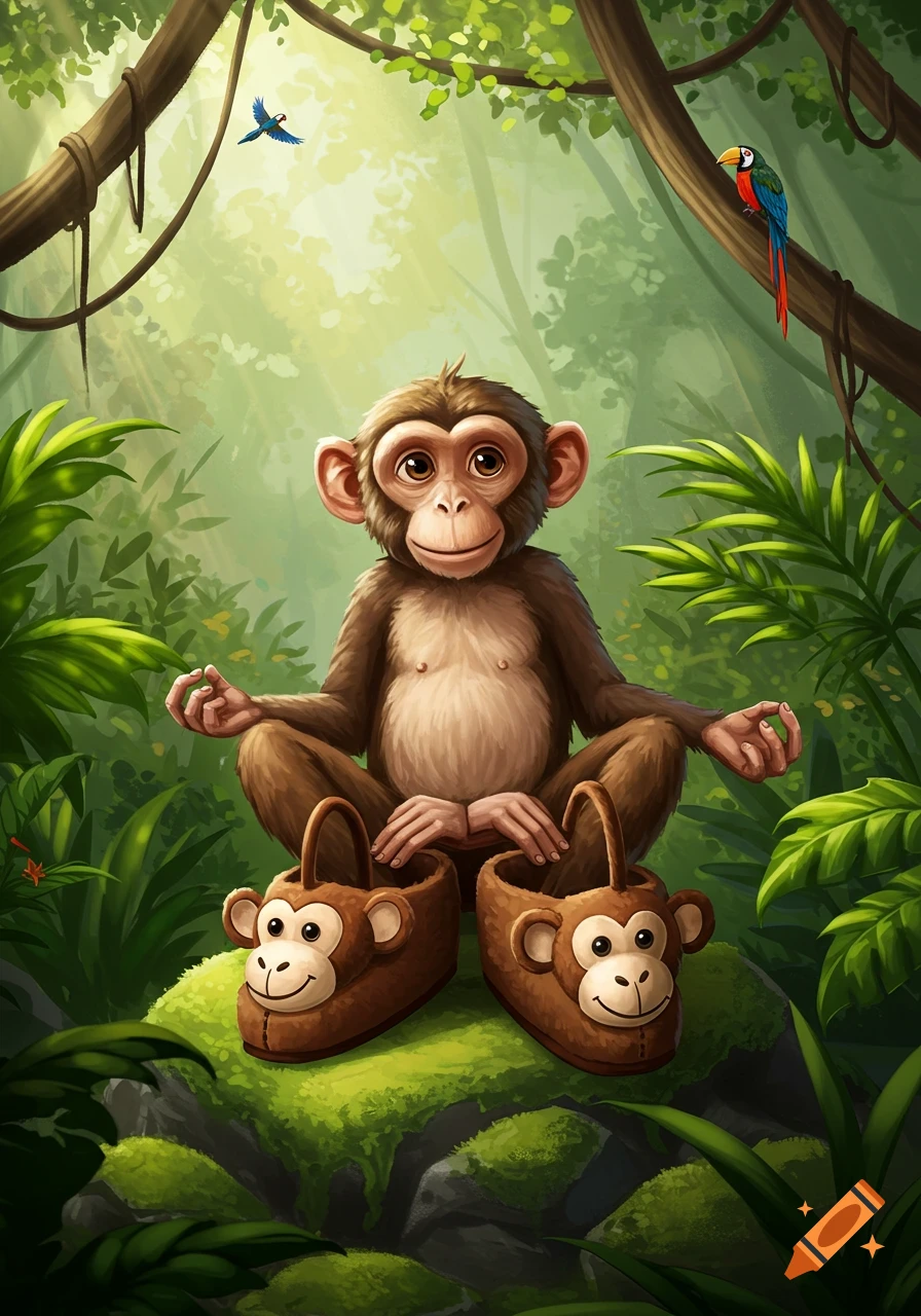 A cute cartoon monkey wearing monkey slippers sits meditating on a mossy rock in a lush jungle, with birds and trees.