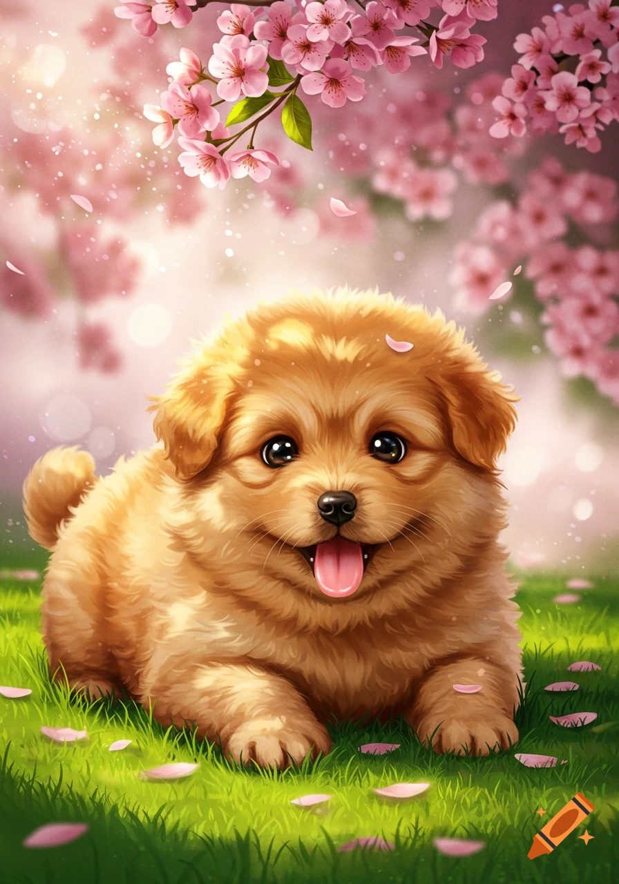 A fluffy, light brown puppy with big eyes and its tongue out sits in green grass with pink cherry blossoms and falling petals in a cute, illustrative style.