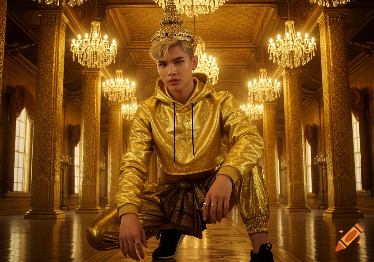 Hyperrealistic photo of a handsome young Thai man in a gold cropped hoodie, track pants, and a traditional gold crown, crouching in a golden throne room.