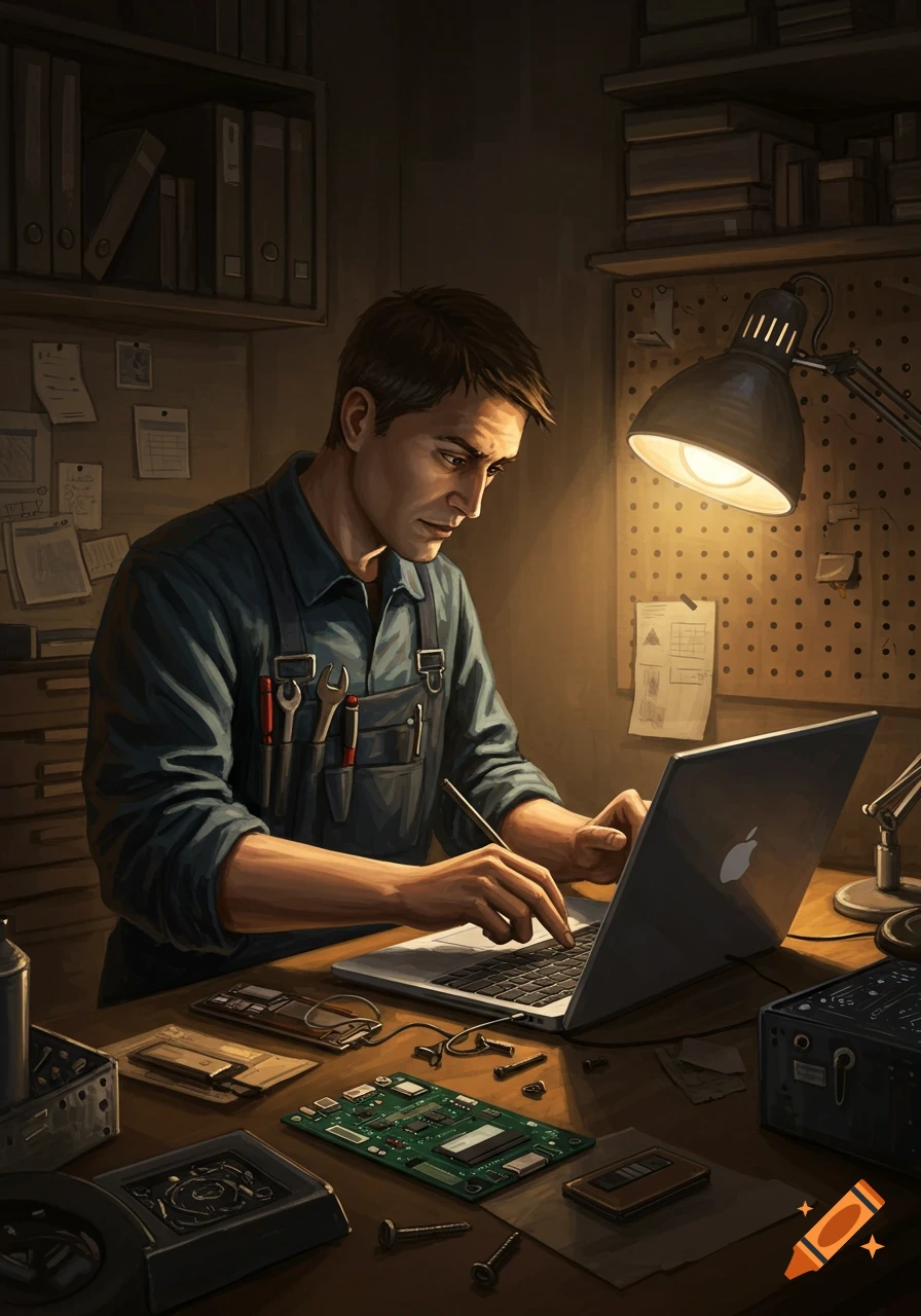 A man in overalls repairs a laptop at a dimly lit workshop desk filled with tools and electronic components in a detailed illustration.