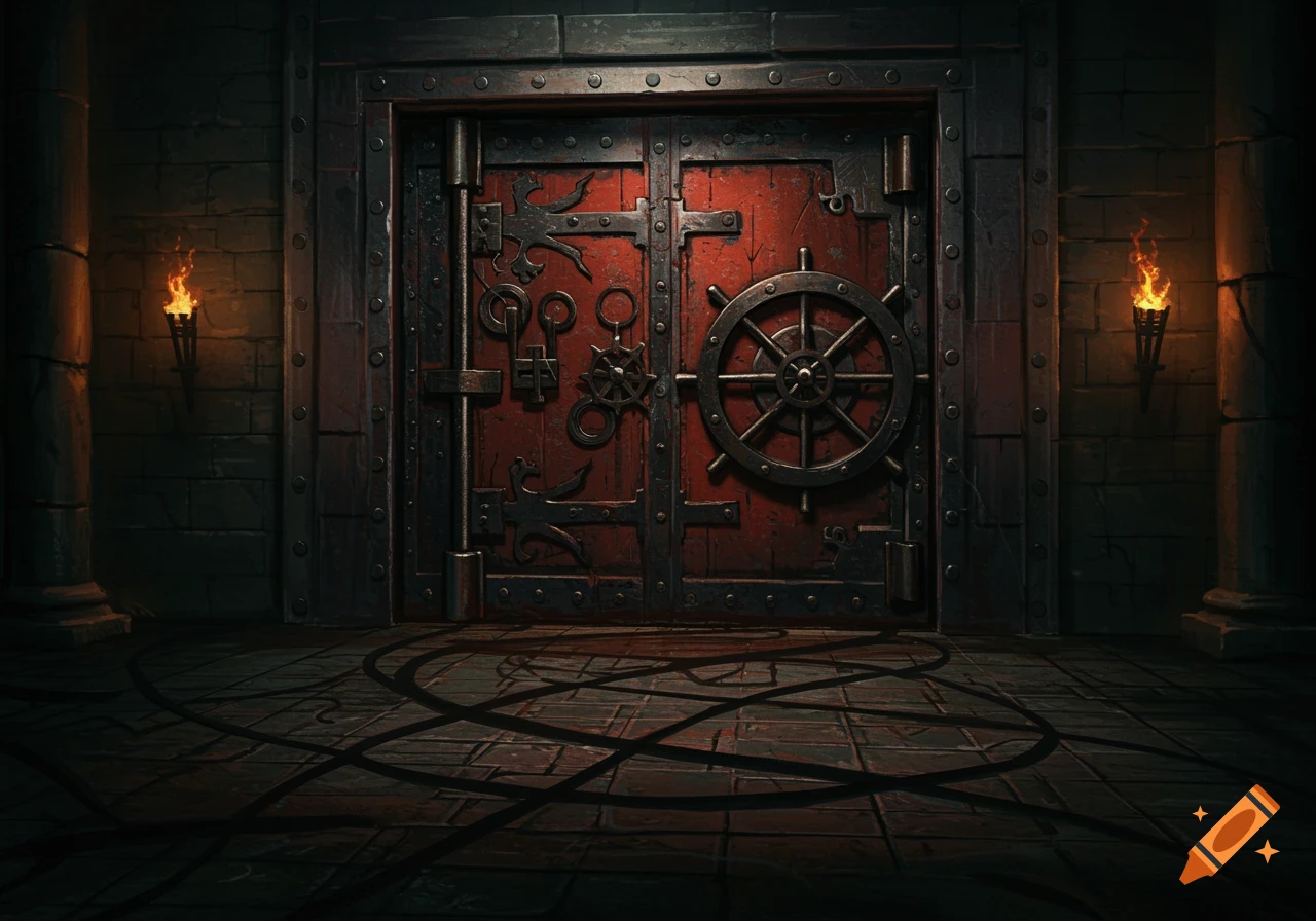 A heavy, red vault door in a dark stone dungeon, illuminated by wall-mounted torches, with mysterious patterns on the floor.
