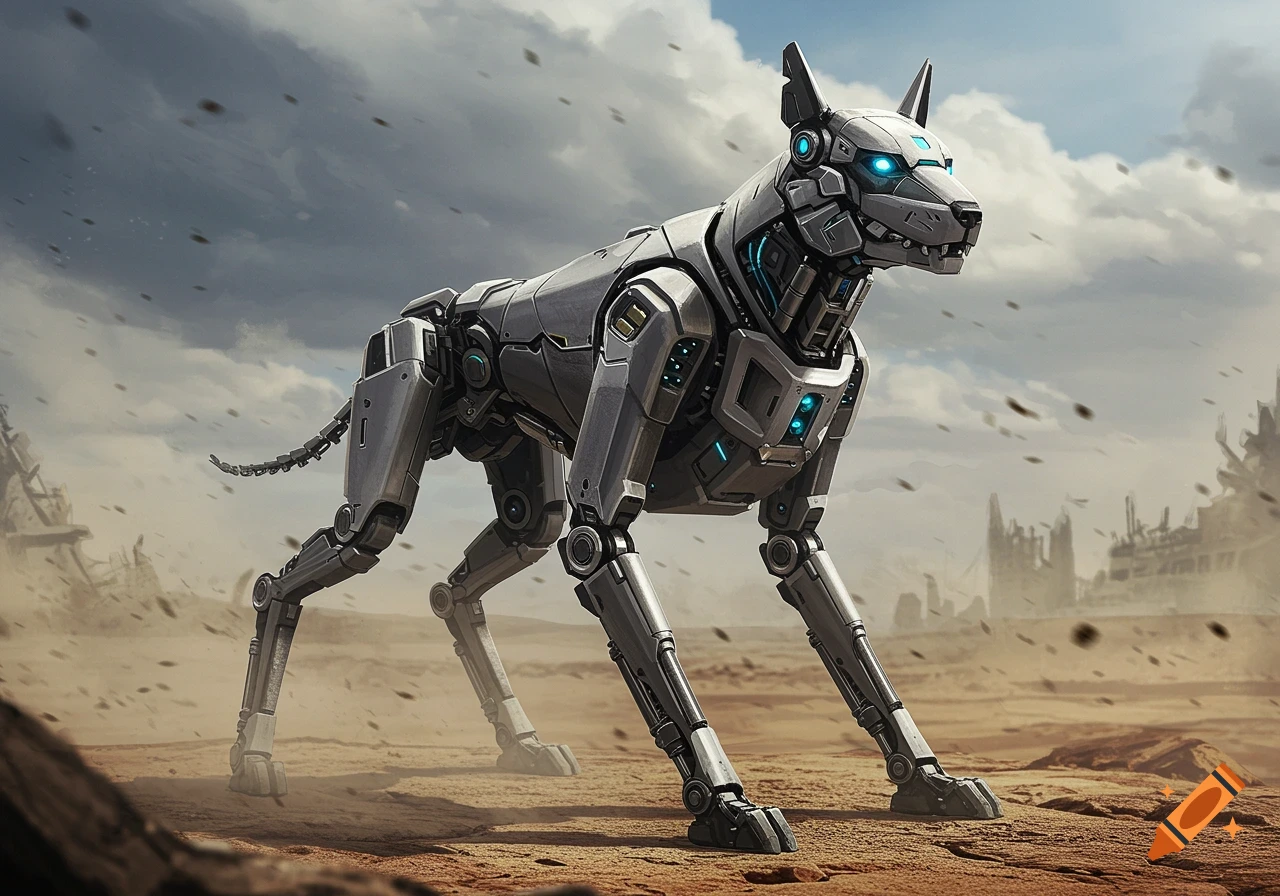 A detailed, photorealistic image of a futuristic robot dog standing in a desolate, sandy landscape with ruined buildings under a cloudy sky.