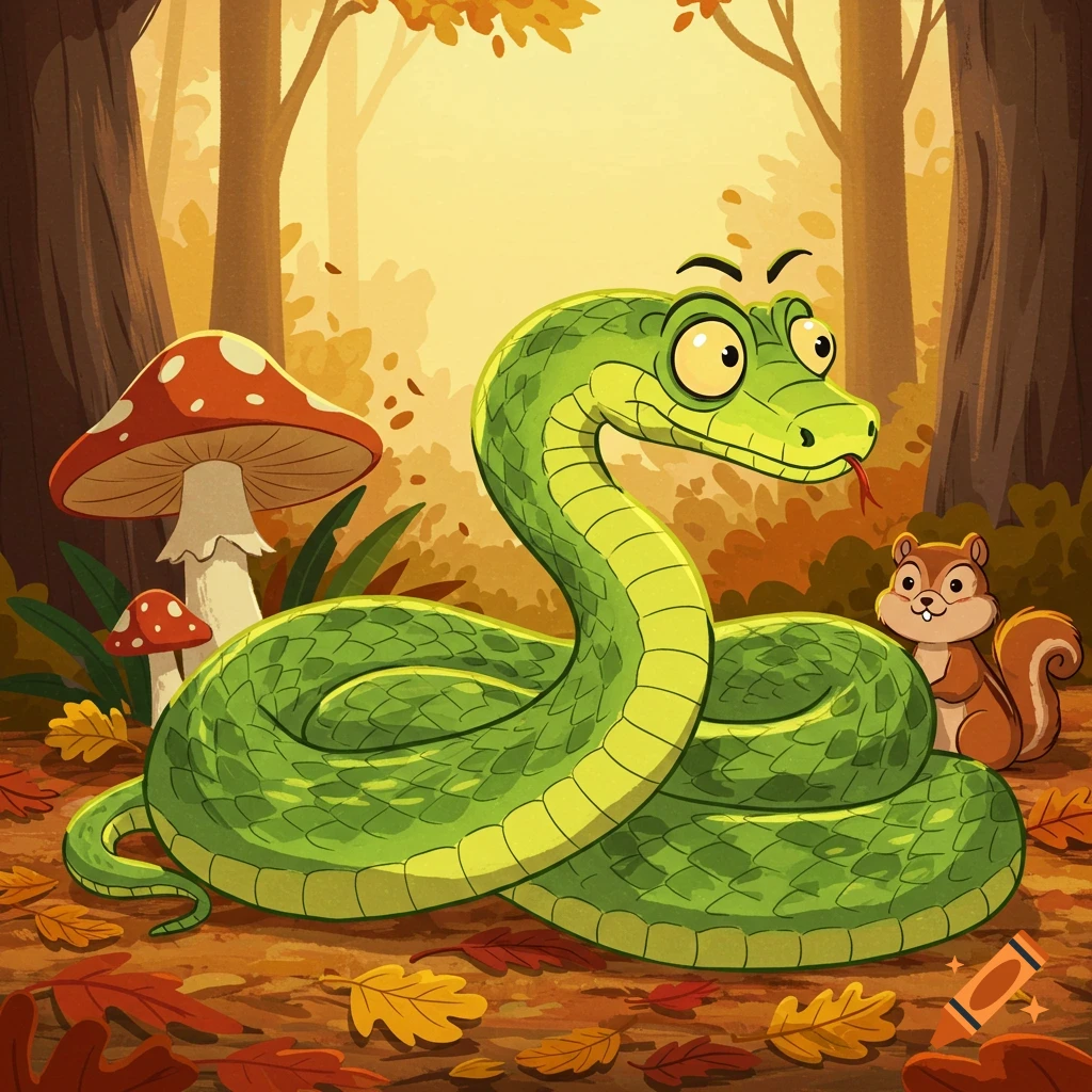 A cartoonish green snake with a shocked expression and a small squirrel in an autumn forest with mushrooms and fallen leaves.