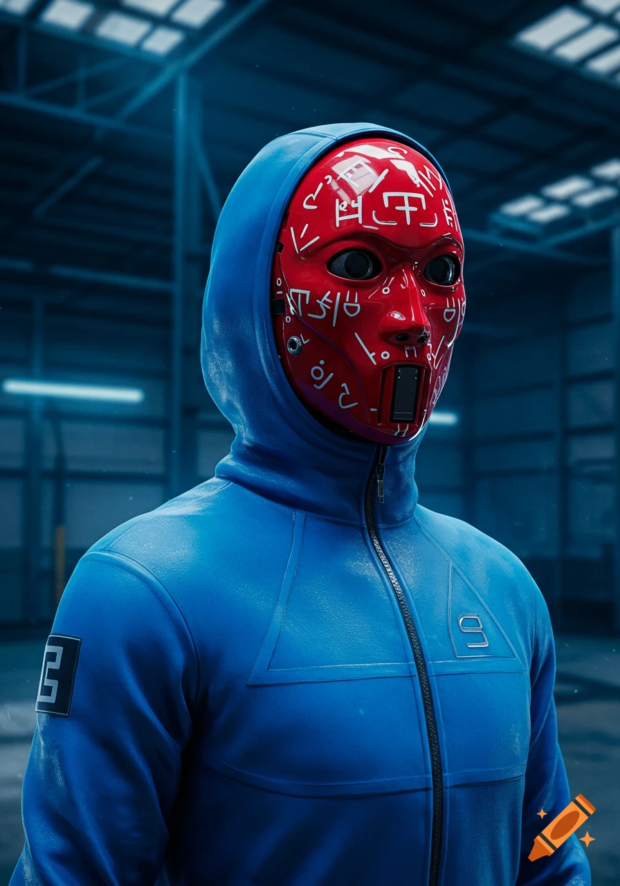 A figure in a blue hooded jacket and a red mask with white, abstract symbols stands in a dimly lit, industrial setting.