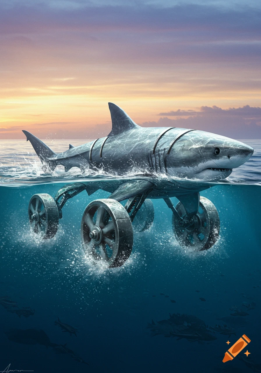 A mechanical shark with large wheels partially submerged in the ocean at sunset, creating water splashes.