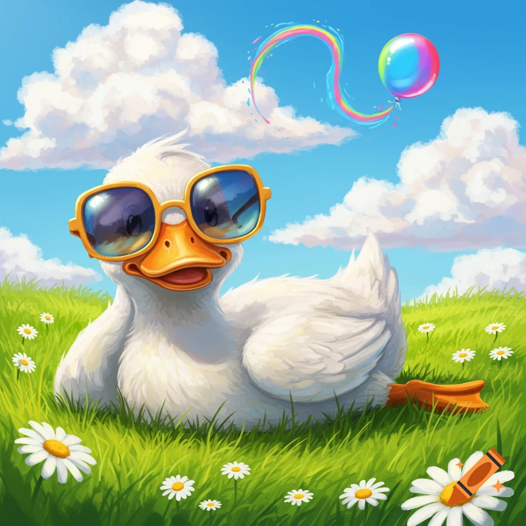 A cartoon duck with sunglasses lays in a sunny green field with daisies, a colorful balloon and rainbow in the sky.