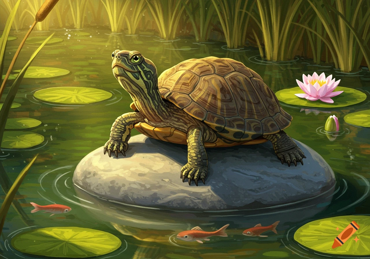 A colorful turtle sits on a rock in a pond with lily pads, a pink water lily, and small fish.