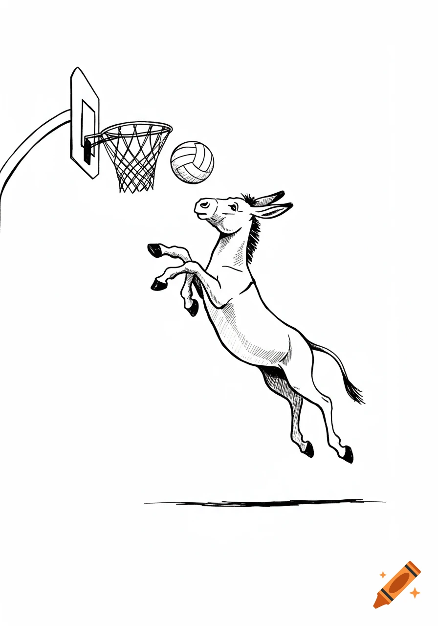 A black and white sketch of a donkey jumping to shoot a ball into a basketball hoop.