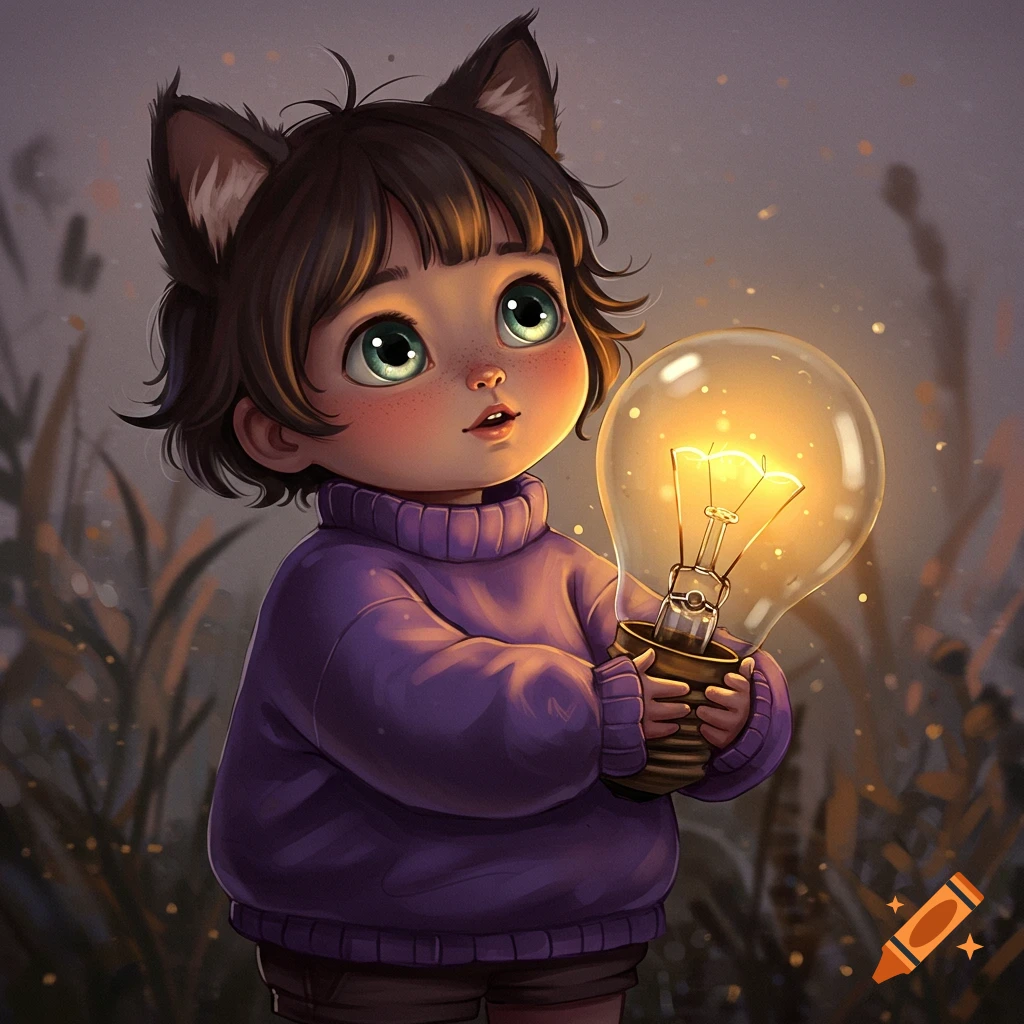 A cute child with cat ears and a purple sweater holds a glowing oversized lightbulb.