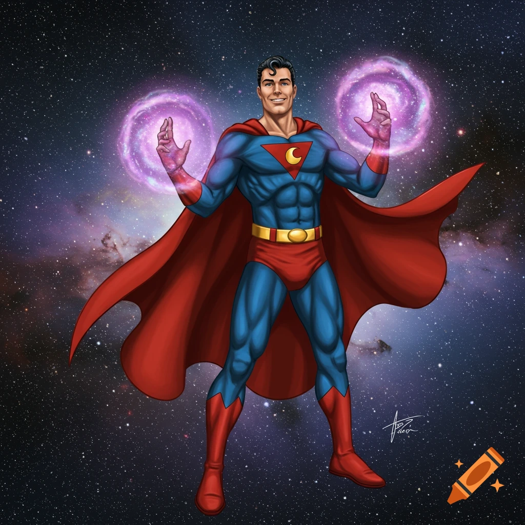 A male superhero in a red and blue suit with a crescent moon emblem, standing in space and generating purple energy orbs. Comic book art style.