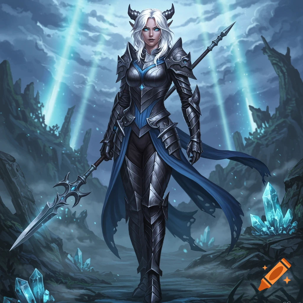 A female warrior with white hair and horns in dark armor, holding a spear, stands in a mystical crystal landscape.