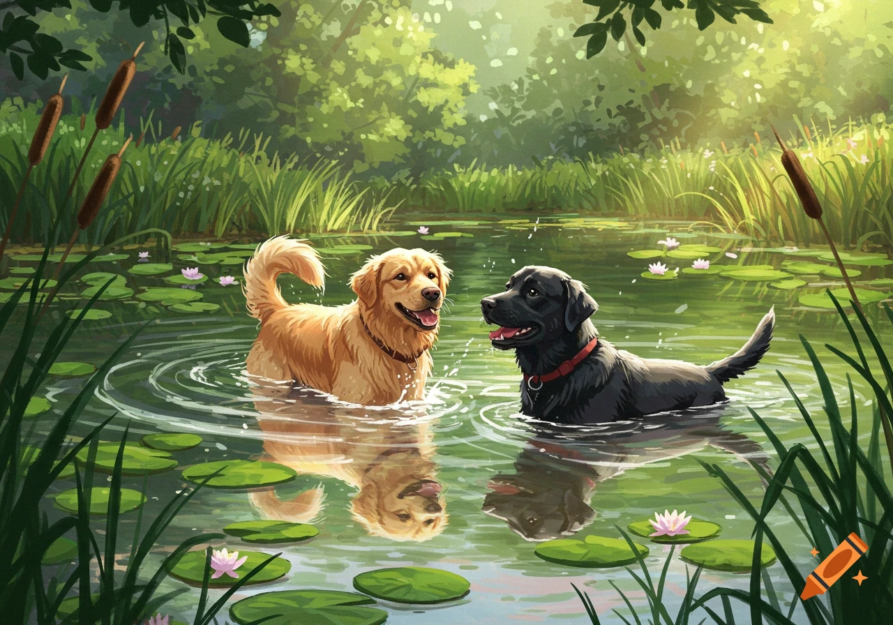 A golden retriever and a black labrador swimming in a sunlit pond with lily pads and tall reeds, in a painterly style.