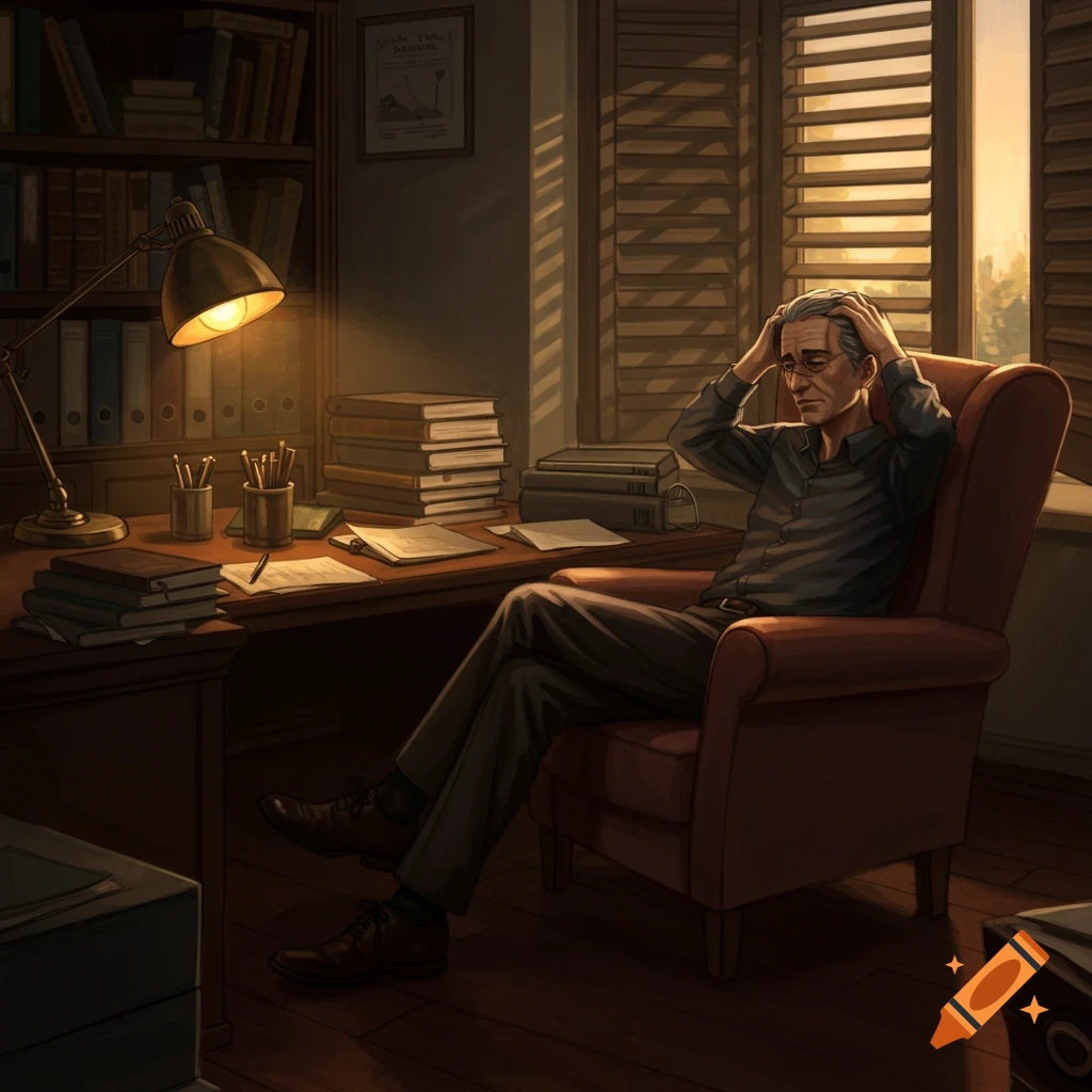 A stressed man in a dark shirt and pants sits in a red armchair in a dimly lit office, holding his head. A desk with books and a lamp is beside him.