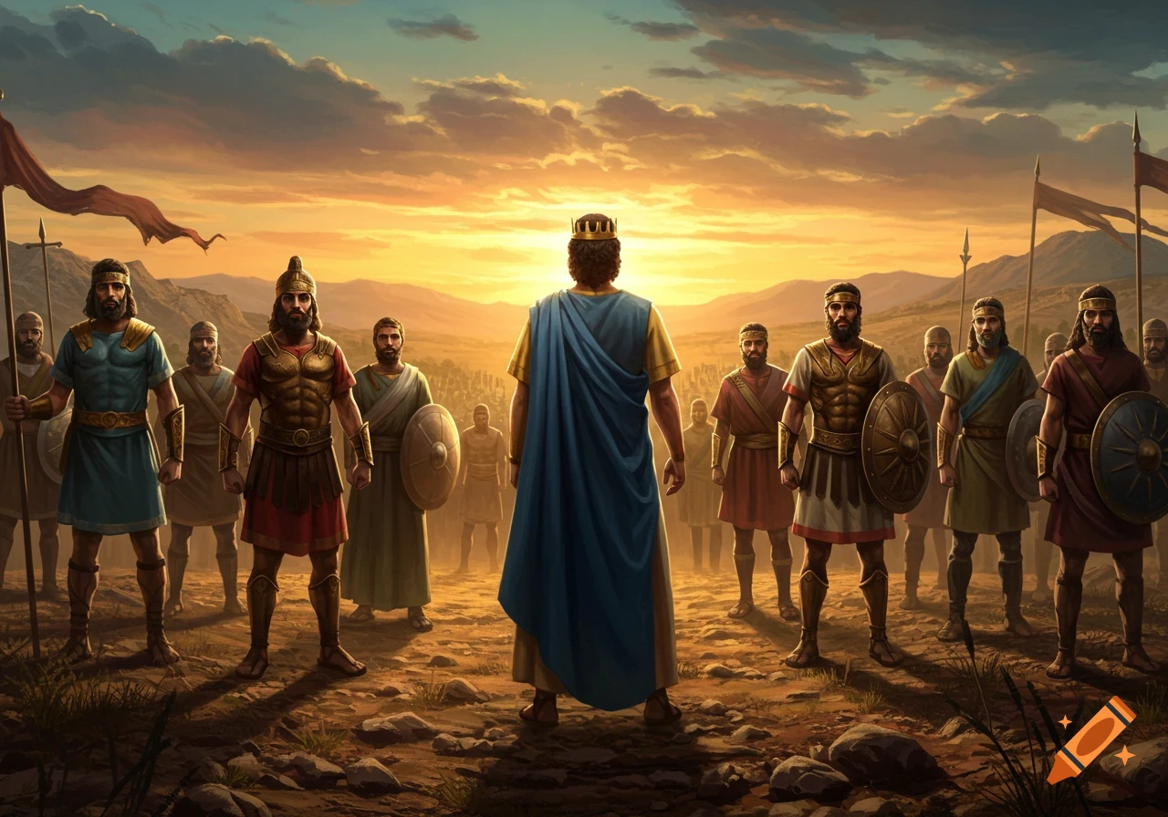 A king in a blue robe and crown faces a group of ancient warriors at sunset in a desert landscape.