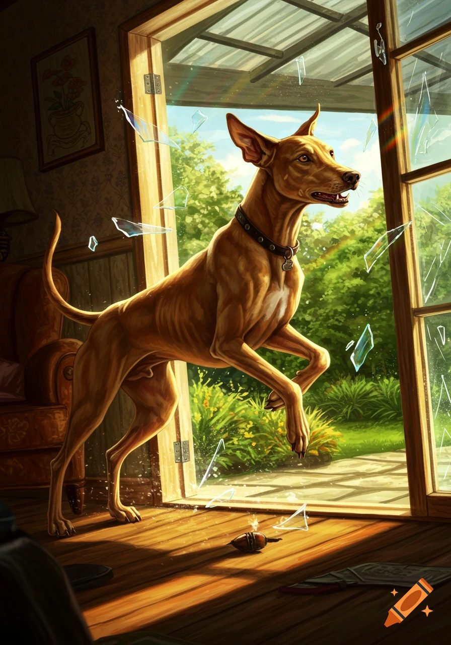 A brown dog leaps through a broken window from a sunlit room into a green garden.