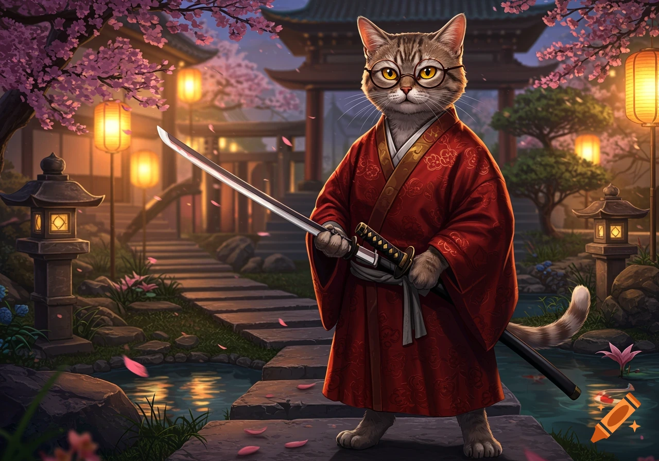An anime-style cat wearing a red kimono and glasses, holding a katana in a Japanese garden with cherry blossoms and lanterns.