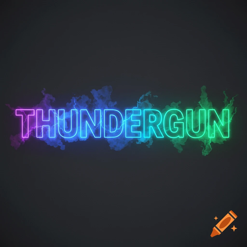 Neon 'THUNDERGUN' text with purple to green glow, smoke, and lightning on a dark grey background.