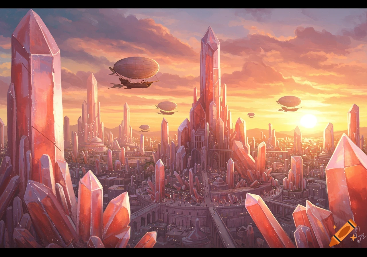 Fantasy crystal city with tall spires and airships flying in a vibrant orange and purple sunset sky.