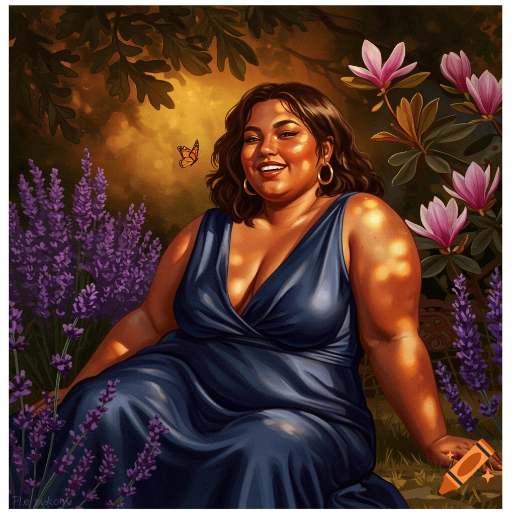 A smiling woman in a blue dress sits among purple lavender and pink magnolia flowers in a sunny garden, with a butterfly nearby.