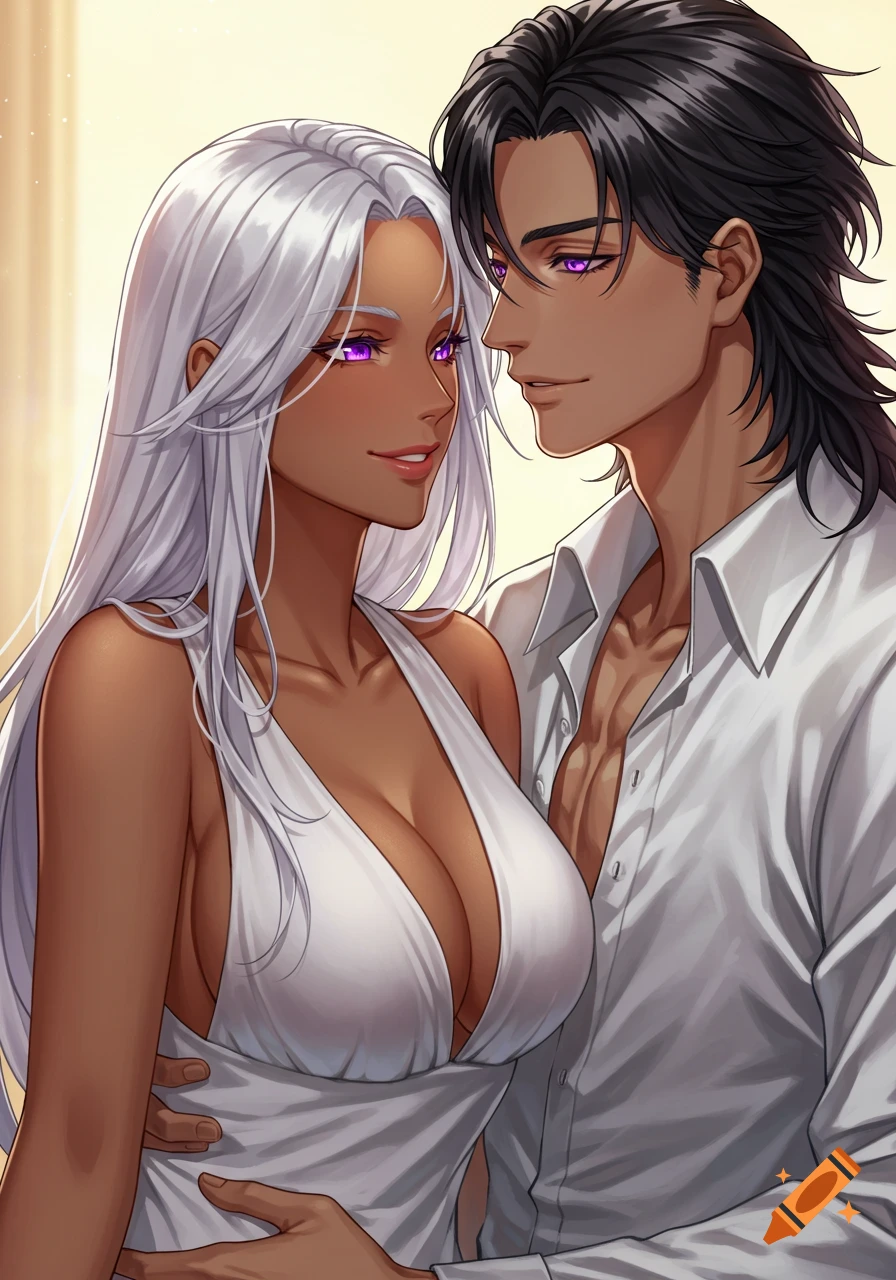Anime illustration of a dark-skinned woman with silver hair and purple eyes in a white dress embracing a dark-haired man with purple eyes, looking intimately.