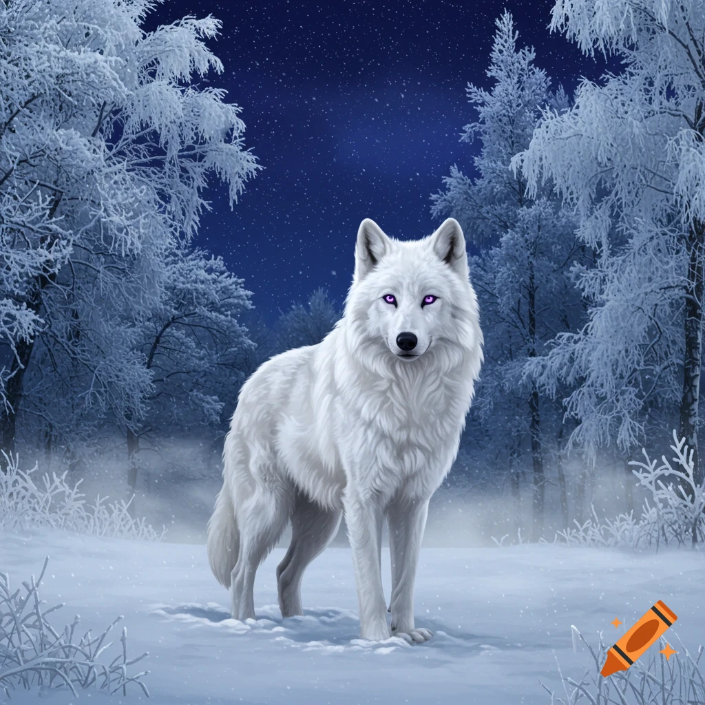 A white wolf with purple eyes stands in a snowy forest at night, under a starry sky.