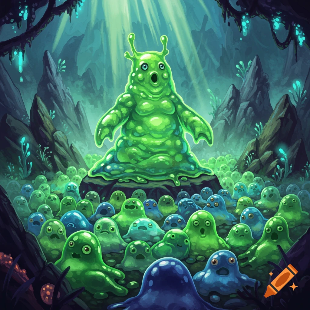 A large green slime creature addresses an army of smaller green and blue slimes in a mystical, glowing cave.