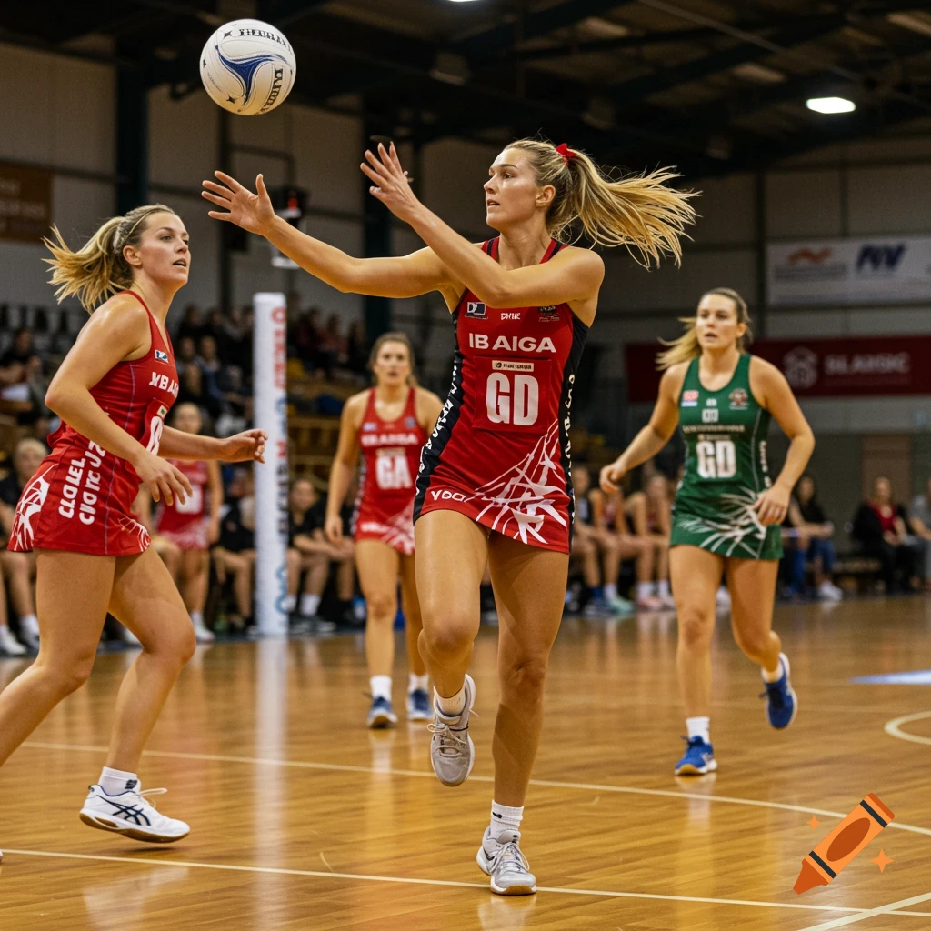 Female netball players on an indoor court, one in a red uniform reaching for the ball, another in red to her left, and a third in green in the background.