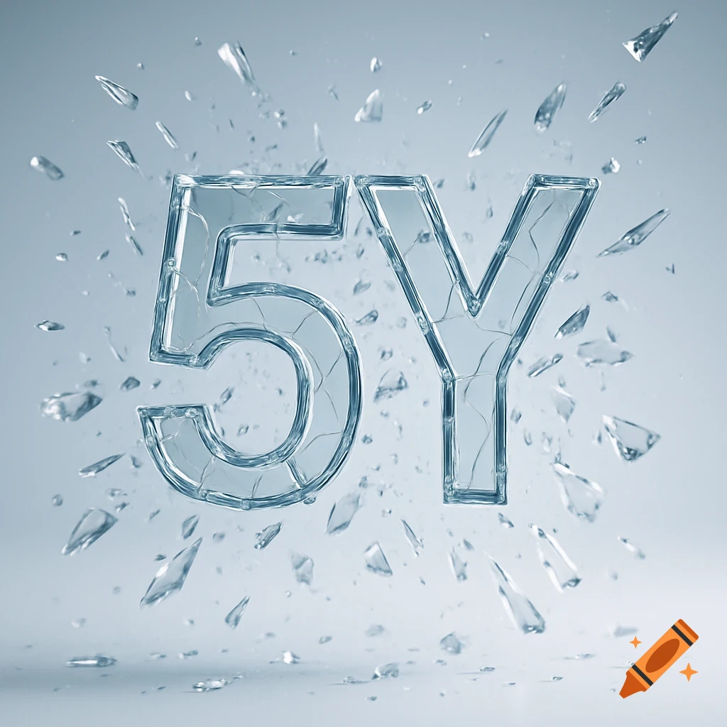 The letters "5Y" made of clear shattering glass, with sharp shards exploding outwards on a light blue-grey background.