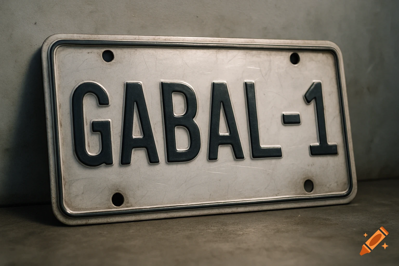 A weathered photorealistic license plate displaying 'GABAL-1' on a concrete surface.