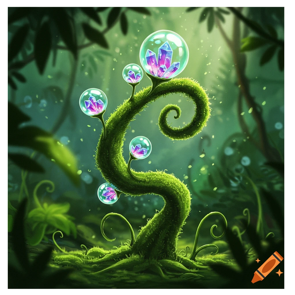 A vibrant green mossy plant with a spiraling stalk, featuring glowing bubble bulbs holding pink and blue crystals in a dark fantasy forest.