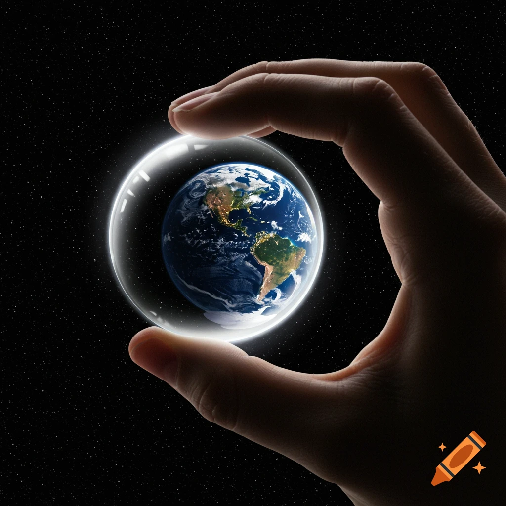 A human hand holds a clear spherical lens containing a vibrant Earth against a dark, star-filled space background.