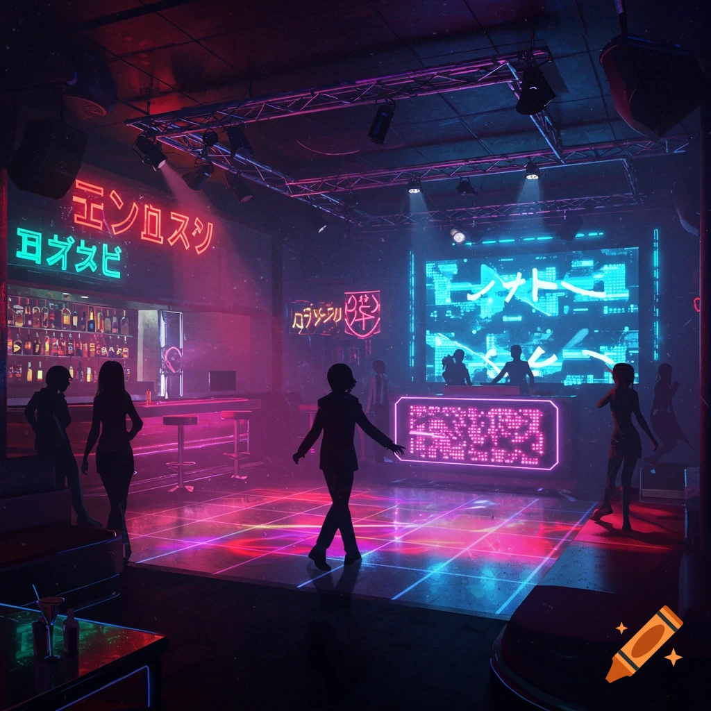 A vibrant anime-style night club with neon lights in pink, blue, and green, a dance floor, bar, and silhouetted figures.