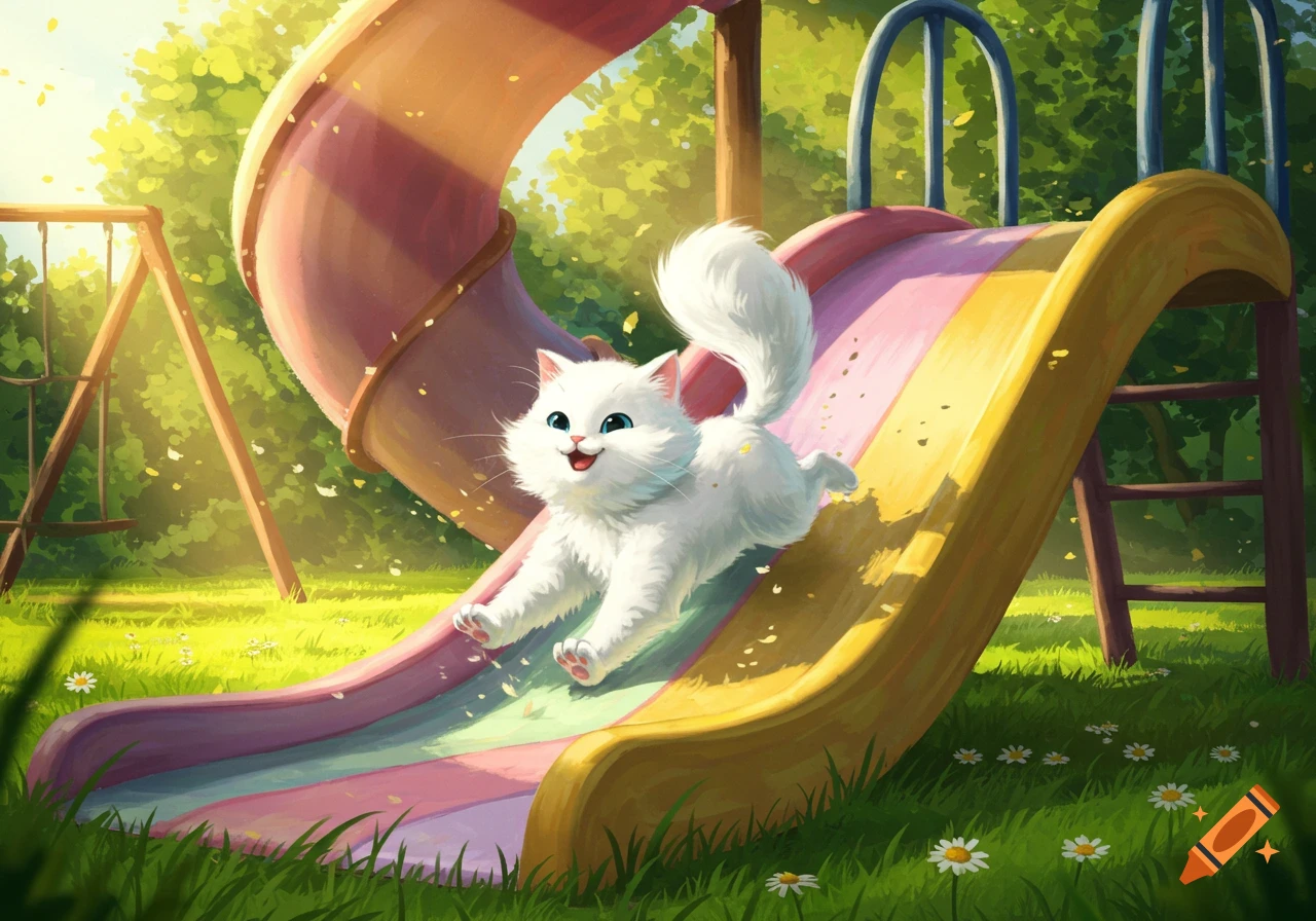 A cute white cartoon cat joyfully slides down a colorful playground slide in a sunny park.