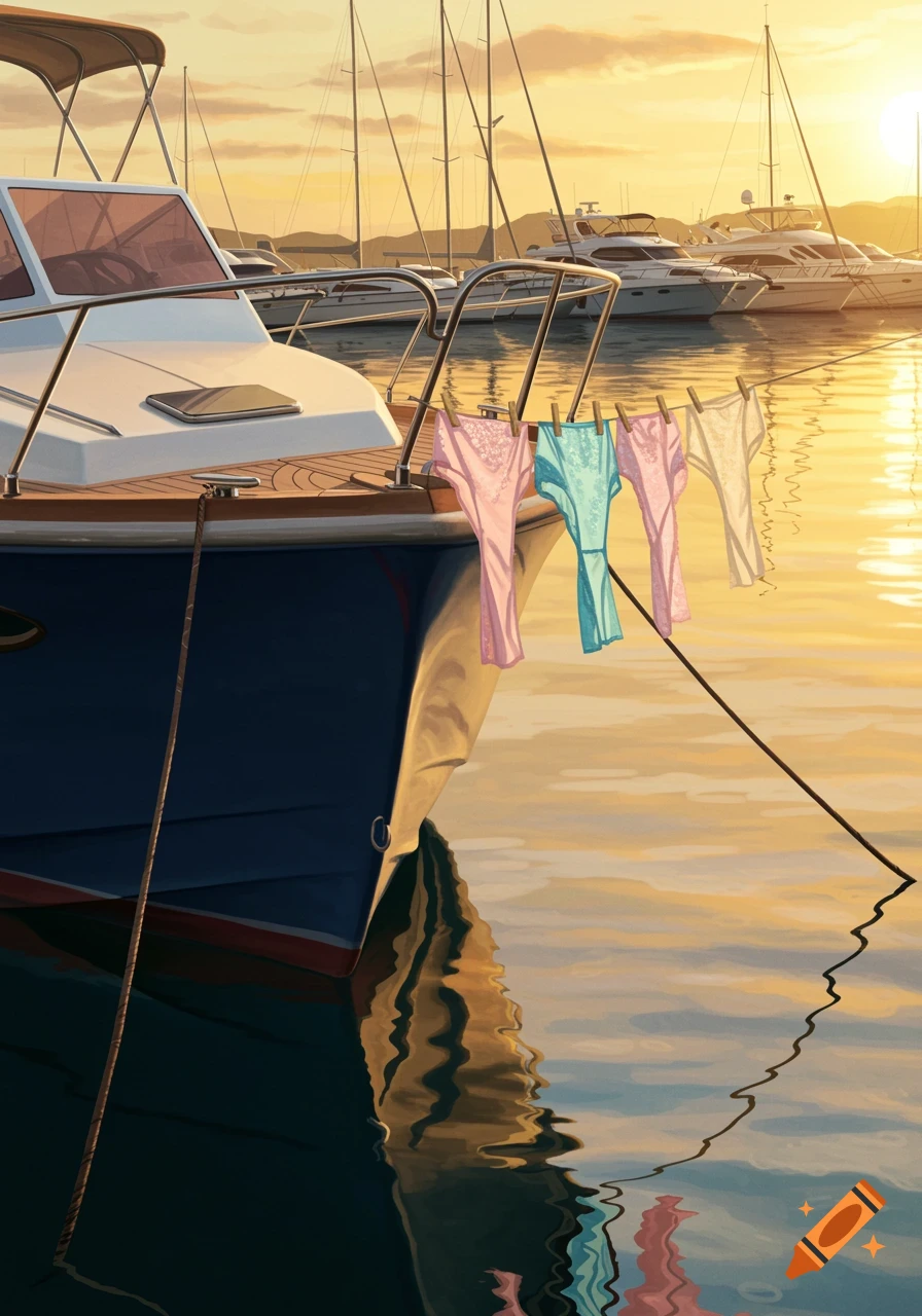 Illustration of a boat moored in a harbor at sunset, with pink, blue, and cream lacy knickers drying on a line.