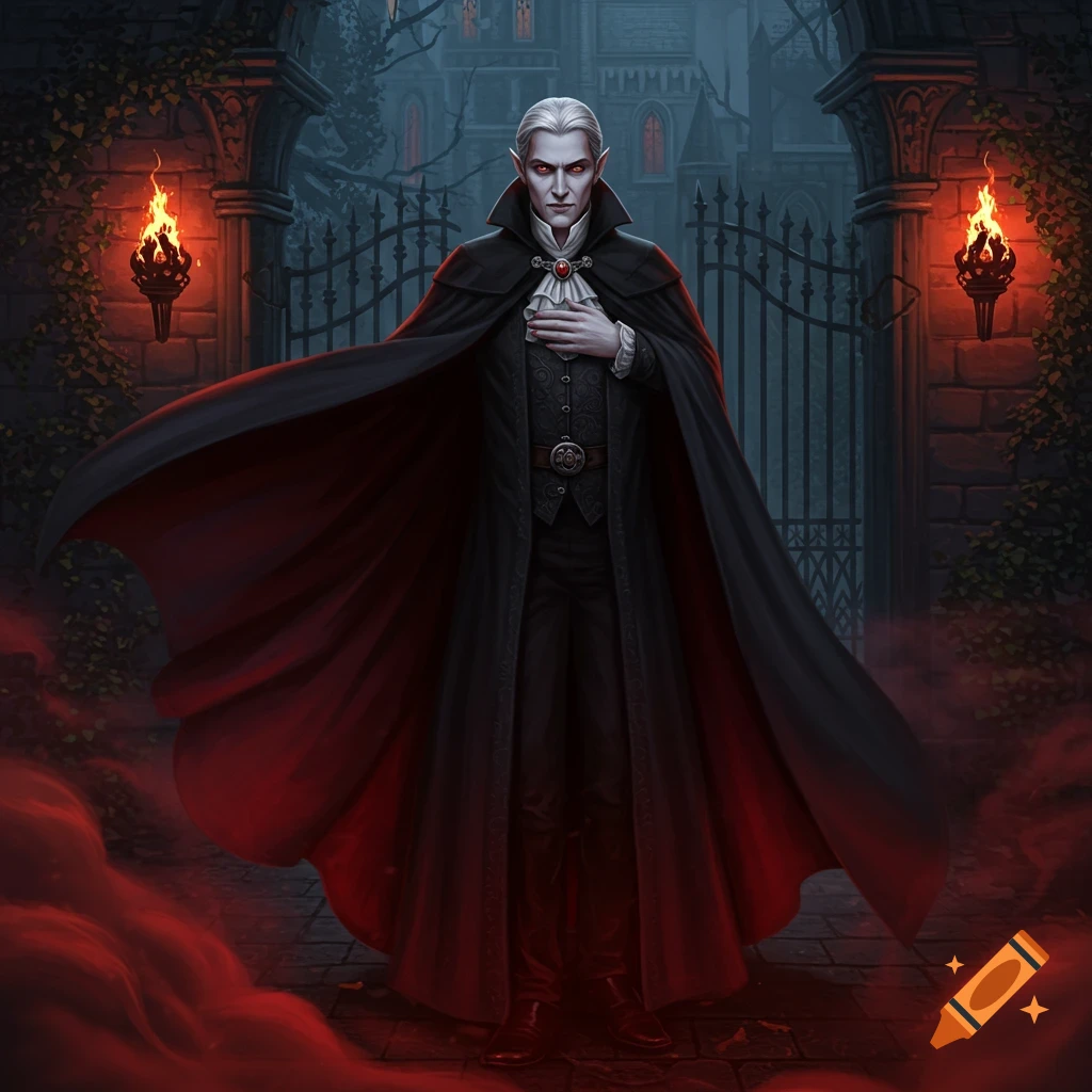 A pale vampire with red eyes and white hair, wearing a black cape, stands in front of a gothic gate with fiery torches.
