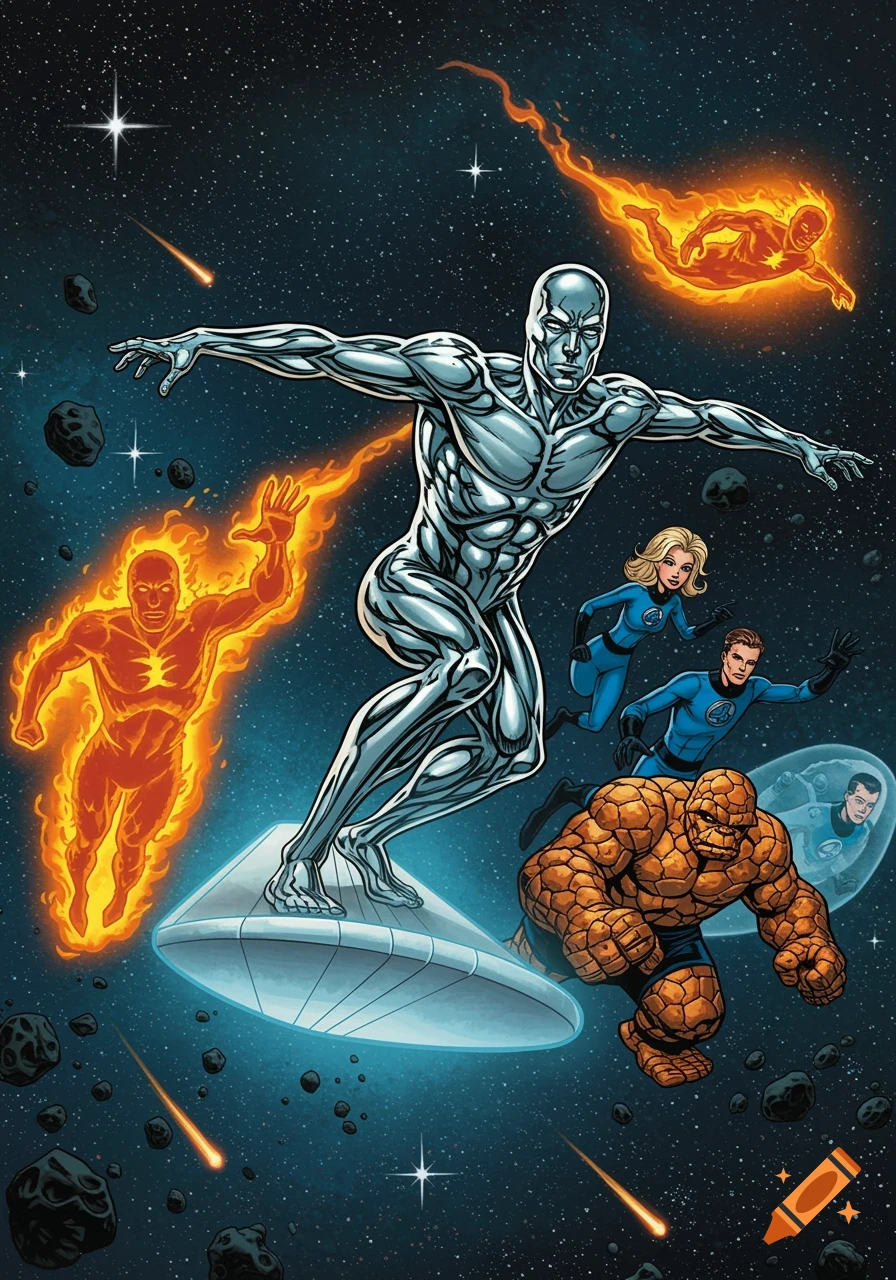 The Silver Surfer surfs through space, accompanied by the Human Torch, Invisible Woman, Mr. Fantastic, and The Thing, in a vibrant comic book style.