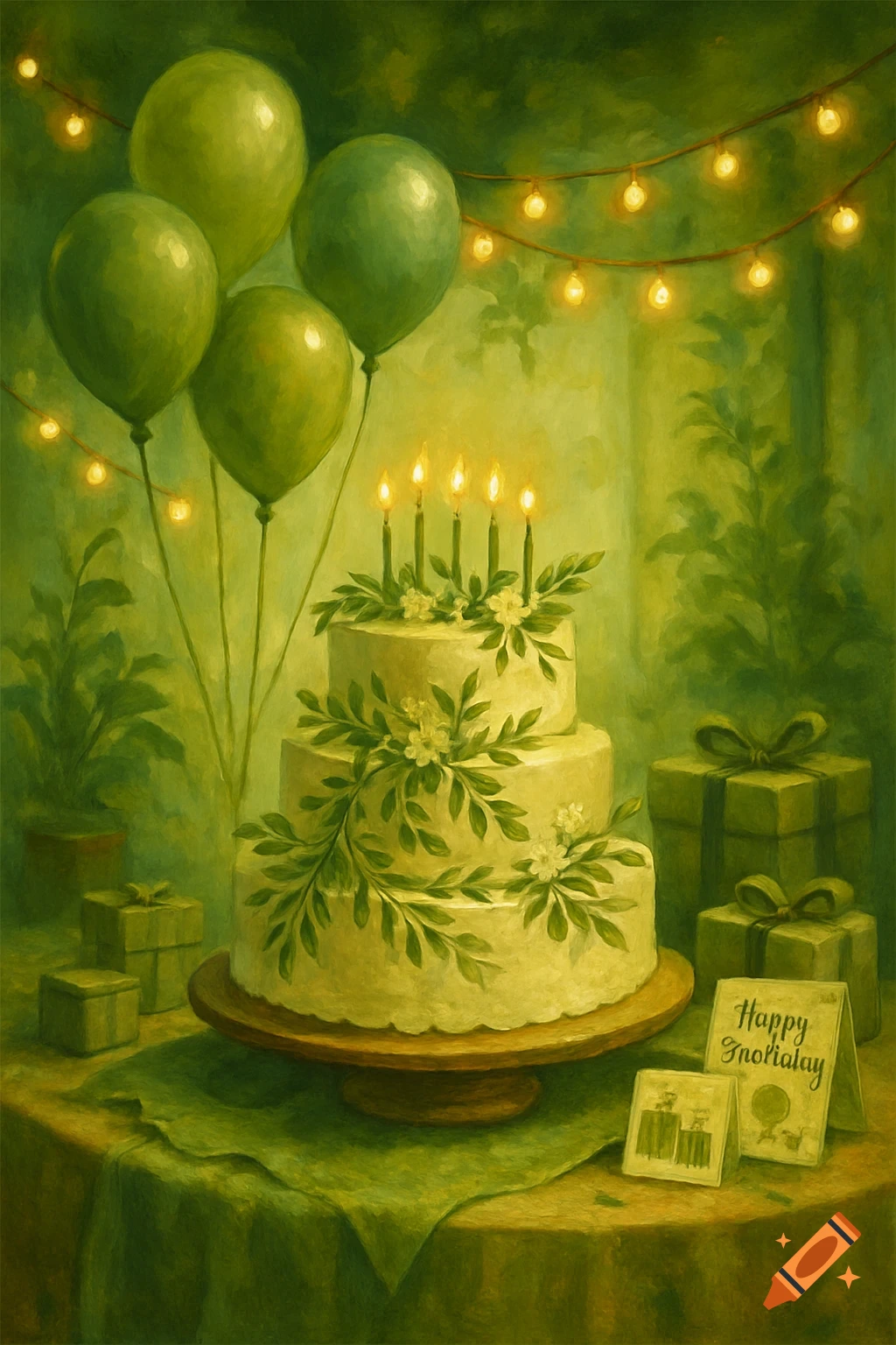 An olive green painting of a birthday cake with candles, balloons, and presents on a table.